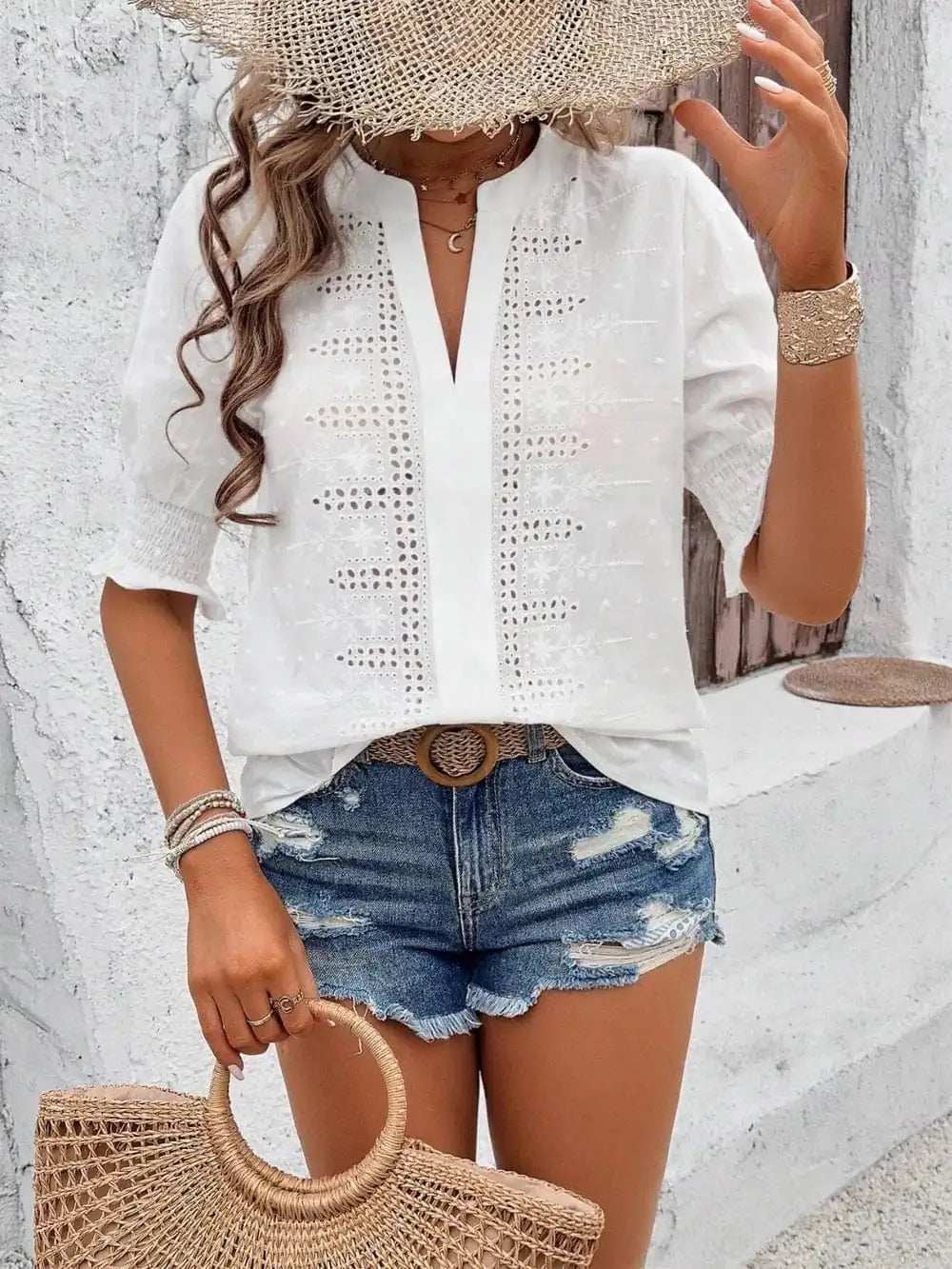 Eyelet Notched Flounce Sleeve Blouse - Trendsi - Flyclothing LLC