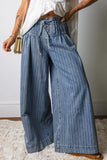 Stripe Button Pleated Drawstring Waist Casual Wide Leg Jeans - Trendsi - Flyclothing LLC