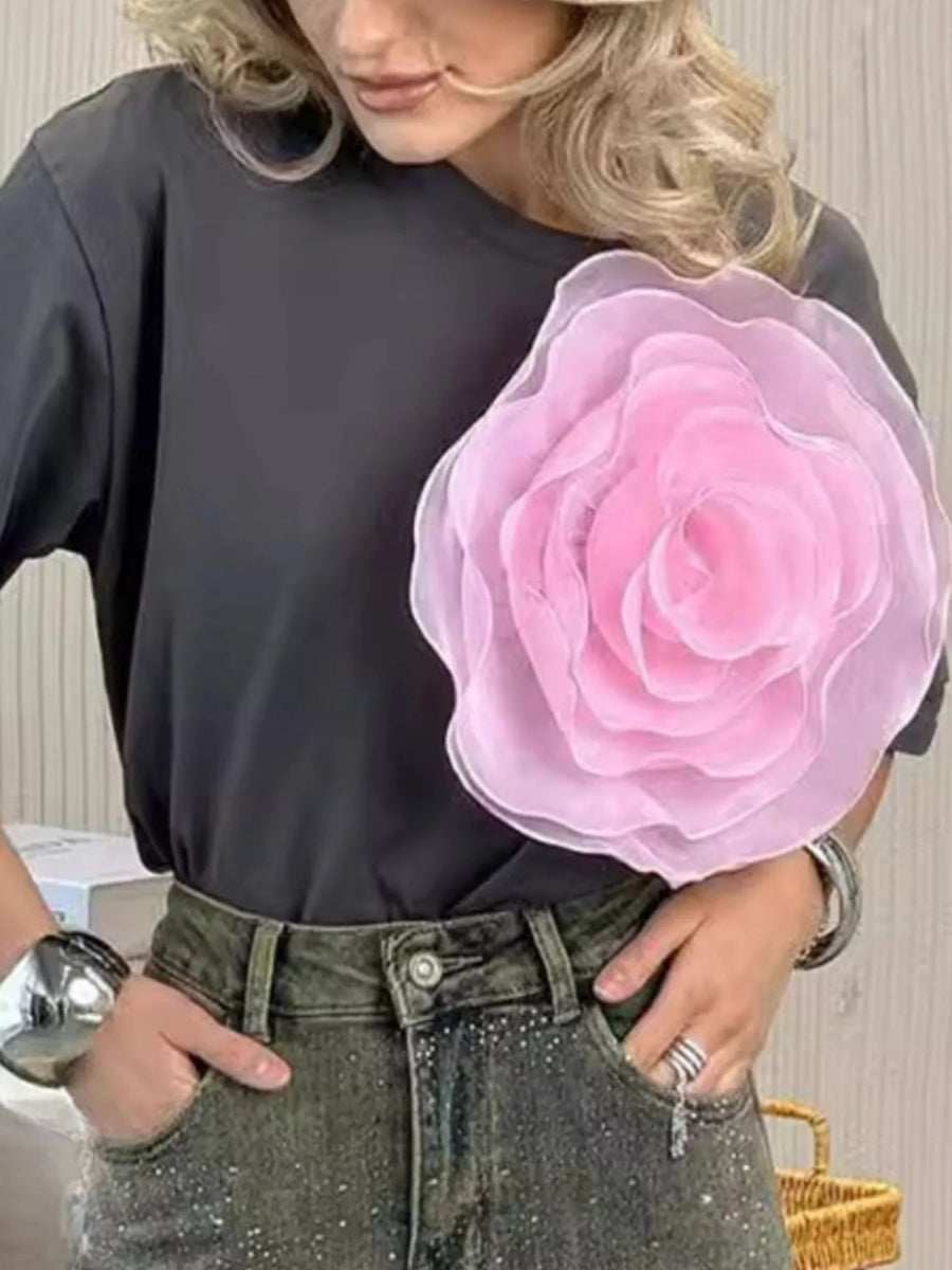 Flower Round Neck Short Sleeve T-Shirt - Trendsi - Flyclothing LLC