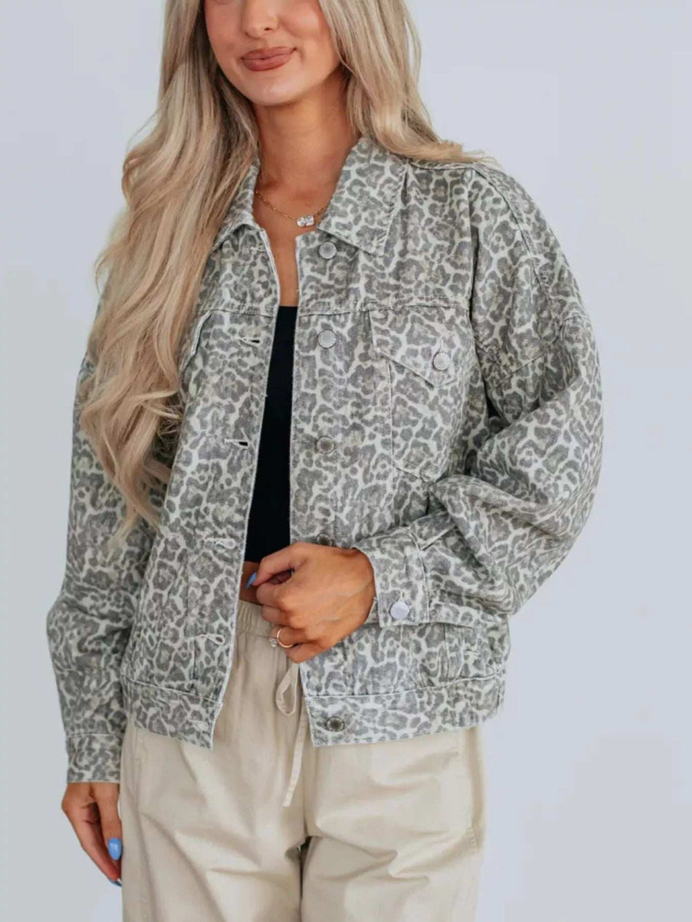 Leopard Button Up Denim Jacket - Trendsi - Flyclothing LLC