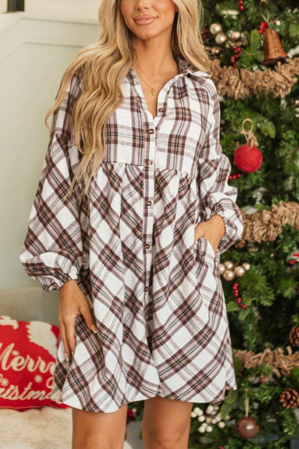 Full Size Plaid Collared Neck Balloon Sleeve Mini Shirt Dress - Trendsi - Flyclothing LLC