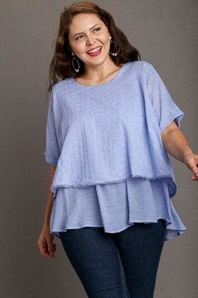 Umgee Full Size Eyelet Layered Short Sleeve Blouse Plus Size - Trendsi - Flyclothing LLC