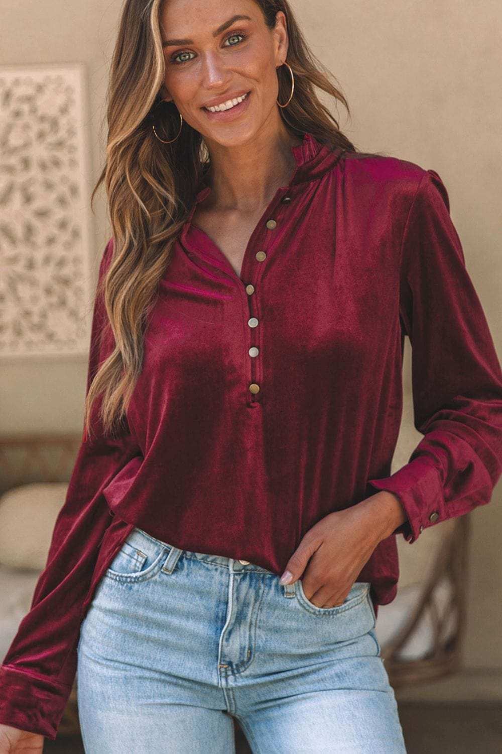 Frill Half Button Mock Neck Long Sleeve Blouse - Trendsi - Flyclothing LLC