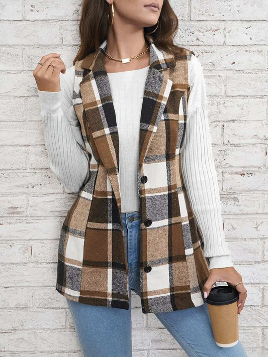 Plaid Button Down Vest Coat - Trendsi - Flyclothing LLC