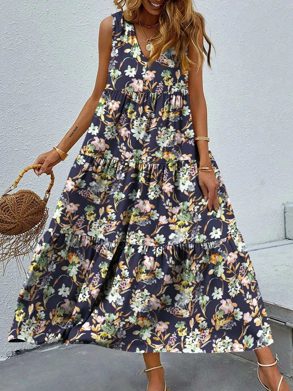 Floral Tiered Maxi Tank Dress - Trendsi - Flyclothing LLC
