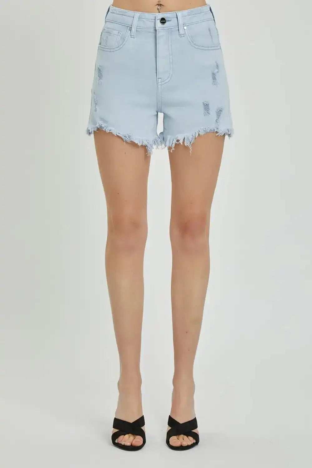 RISEN Full Size High Rise Distressed Detail Denim Shorts - Trendsi - Flyclothing LLC