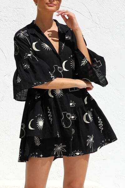 Ruched Printed Three-Quarter Sleeve Mini Dress - Trendsi - Flyclothing LLC