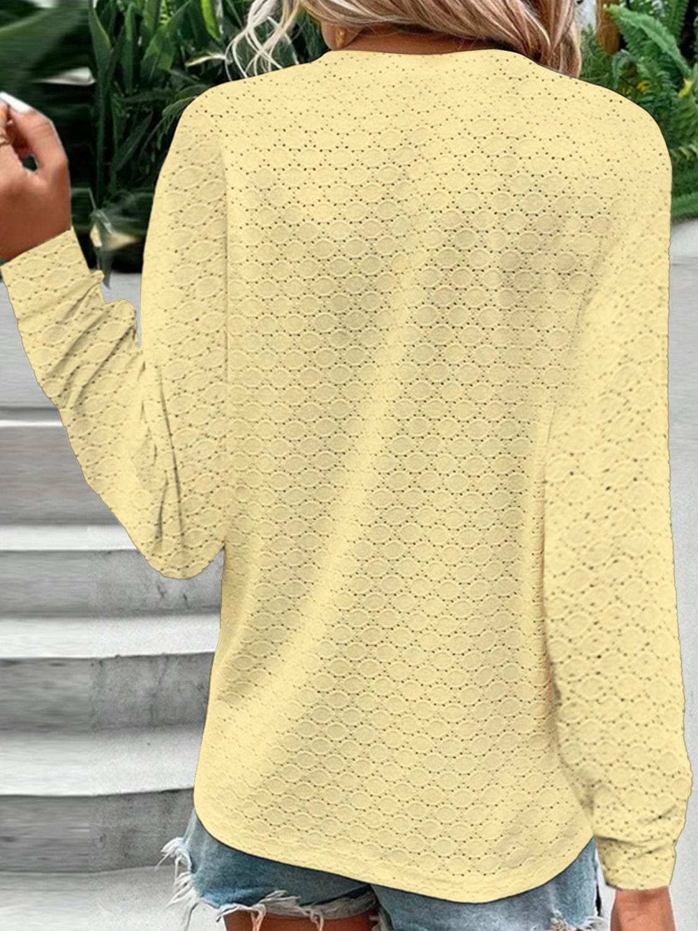 Eyelet Notched Long Sleeve T-Shirt - Trendsi - Flyclothing LLC