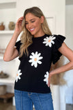 Double Take Full Size Ruffled Flower Round Neck Cap Sleeve Sweater - Trendsi - Flyclothing LLC