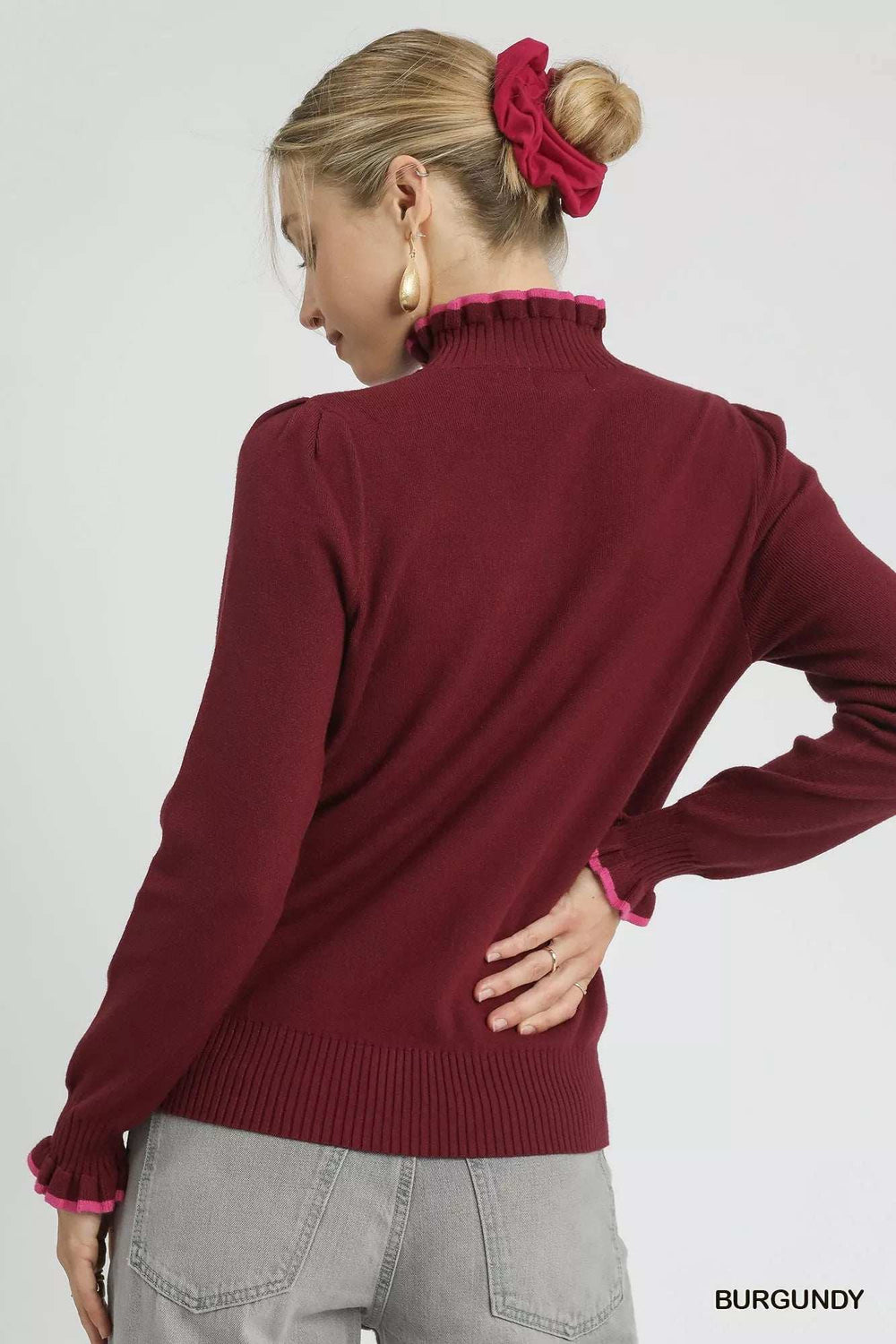 Umgee Ribbed Round Neck Sweater with Ruffle Contrast Trim - Trendsi - Flyclothing LLC