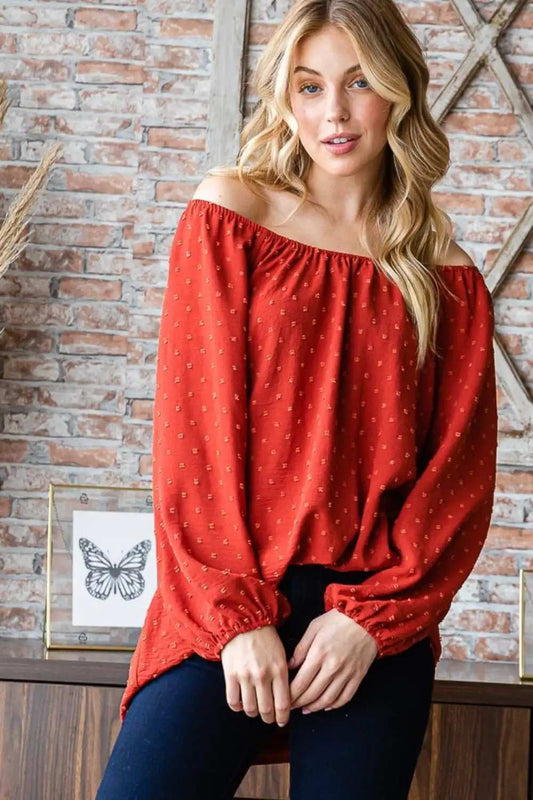 Heimish Full Size Swiss Dot Off Shoulder Top - Trendsi - Flyclothing LLC