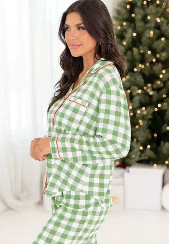Plaid Collared Neck Long Sleeve Top and Pants Set - Trendsi - Flyclothing LLC