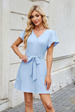 Tied Button Up Short Sleeve Mini Shirt Dress - Trendsi - Flyclothing LLC