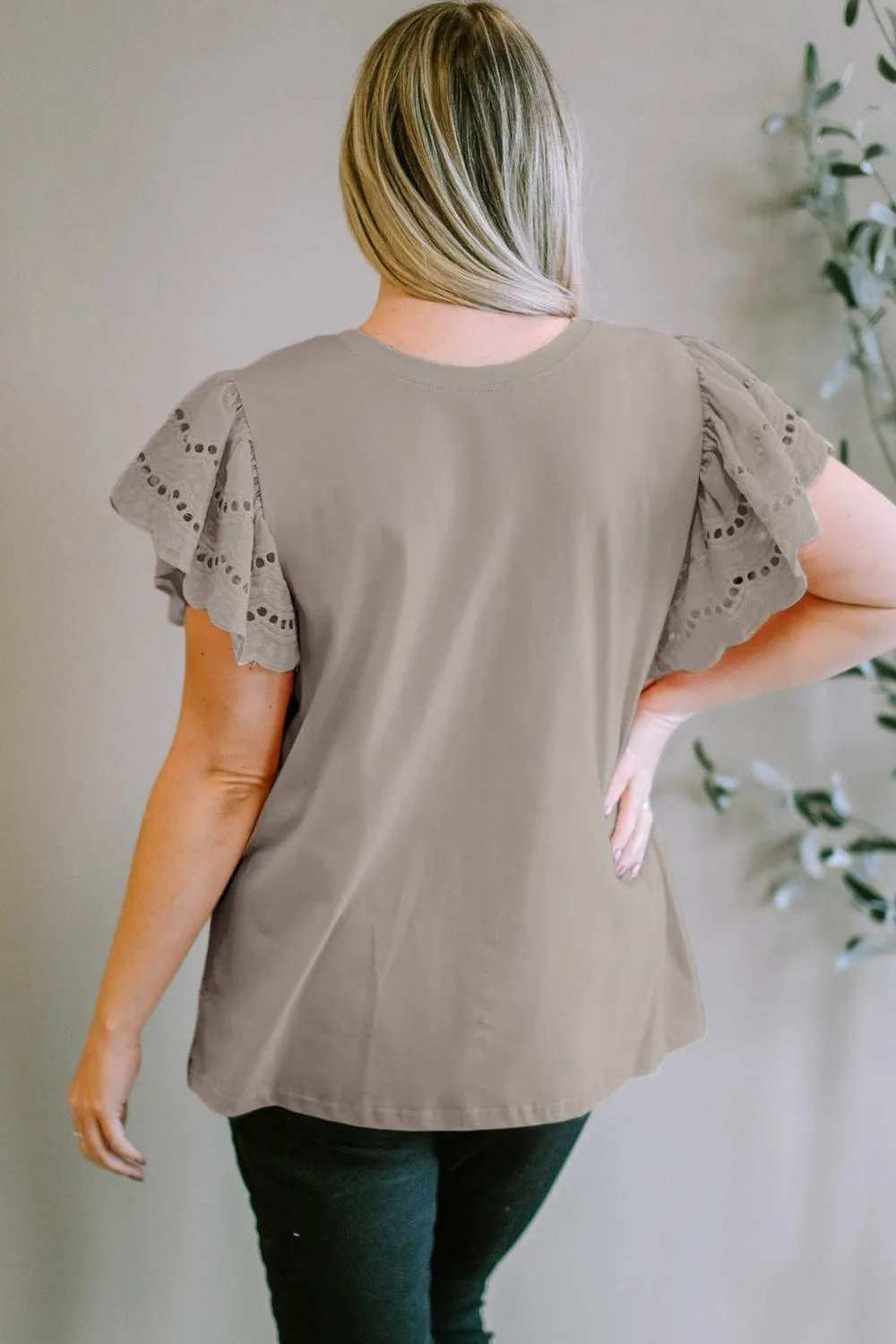 Plus Size Eyelet Round Neck Short Sleeve Blouse - Trendsi - Flyclothing LLC