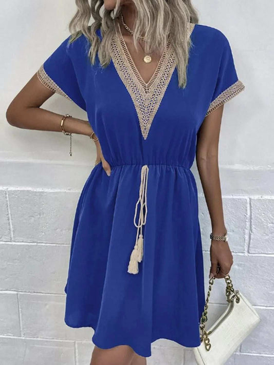Full Size Tassel V-Neck Short Sleeve Dress Plus Size - Trendsi - Flyclothing LLC