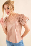 And The Why Faux Leather Ruffle Sleeves V Neck Top - Trendsi - Flyclothing LLC