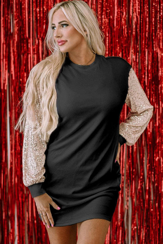Sequin Round Neck Long Sleeve Dress - Trendsi - Flyclothing LLC