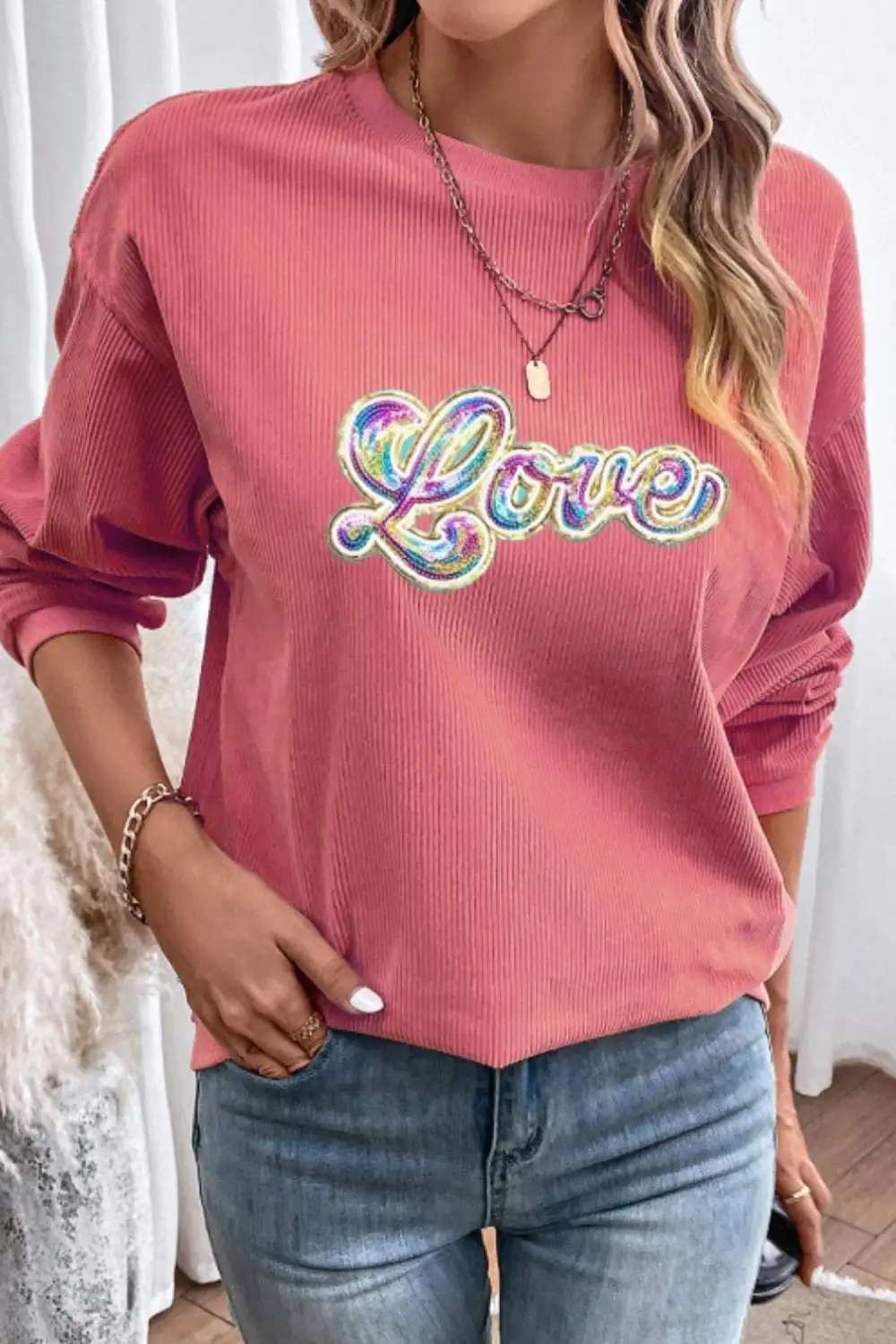 Valentine's Day LOVE Round Neck Long Sleeve Sweatshirt - Trendsi - Flyclothing LLC