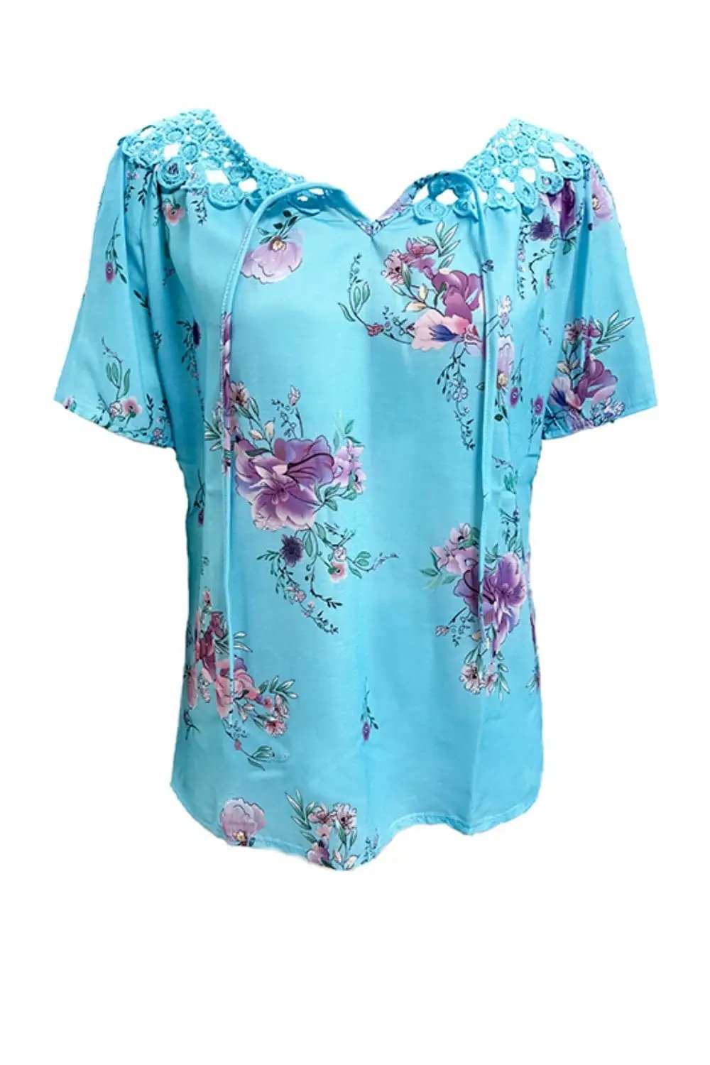 Full Size Printed Tie Neck Short Sleeve Blouse - Trendsi - Flyclothing LLC