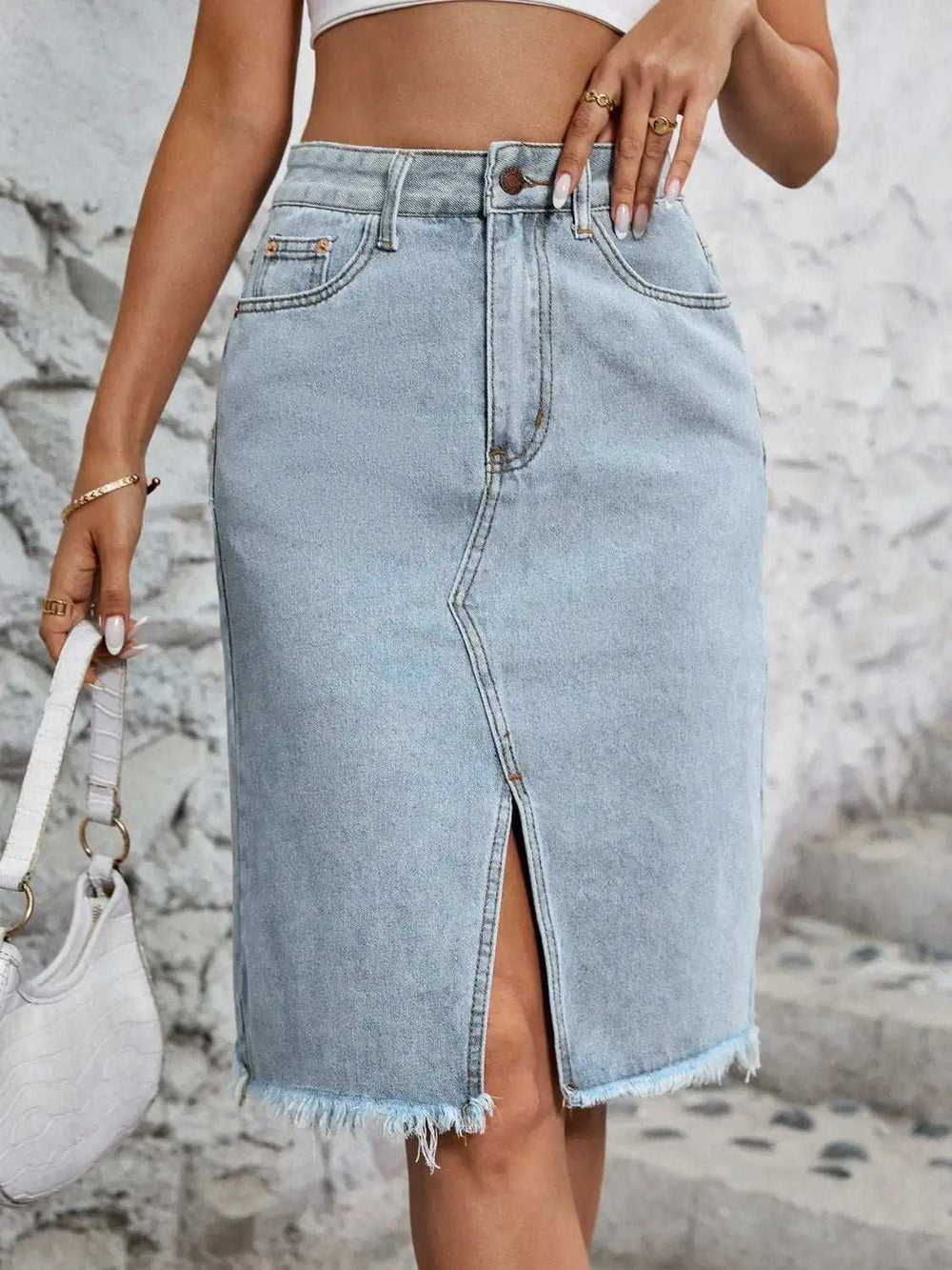 Raw Hem Slit Denim Skirt - Trendsi - Flyclothing LLC
