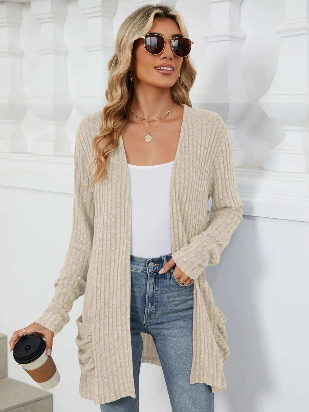 Pocketed Open Front Long Sleeve Cardigan - Trendsi - Flyclothing LLC