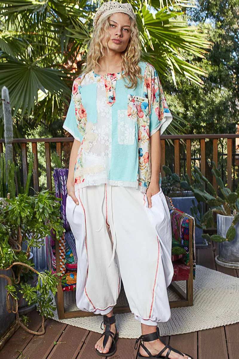 POL Lace Round Neck Short Sleeve Floral Pattern Top with Patch Detail - Trendsi - Flyclothing LLC