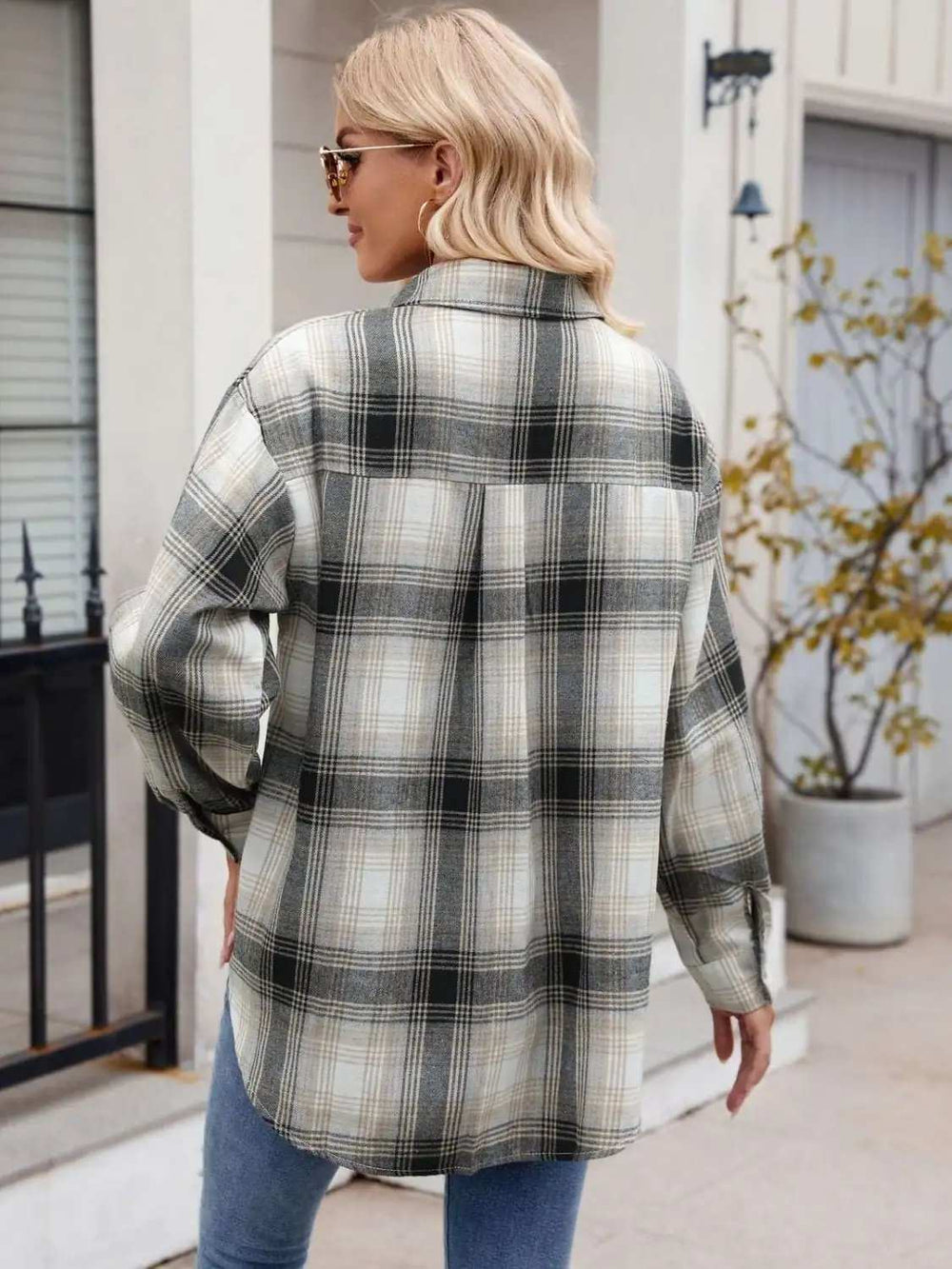 Plaid Collared Neck Long Sleeve Shirt - Trendsi - Flyclothing LLC