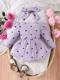 Children's Heart Print Ruffle Trim Bodysuit Dress with Headband - Trendsi - Flyclothing LLC