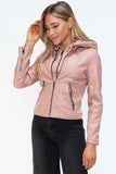 Snobbish Faux Leather Zip Up Drawstring Hooded Jacket - Trendsi - Flyclothing LLC