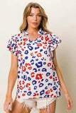 BiBi Leopard Notched Ruffled Cap Sleeve Blouse - Trendsi - Flyclothing LLC