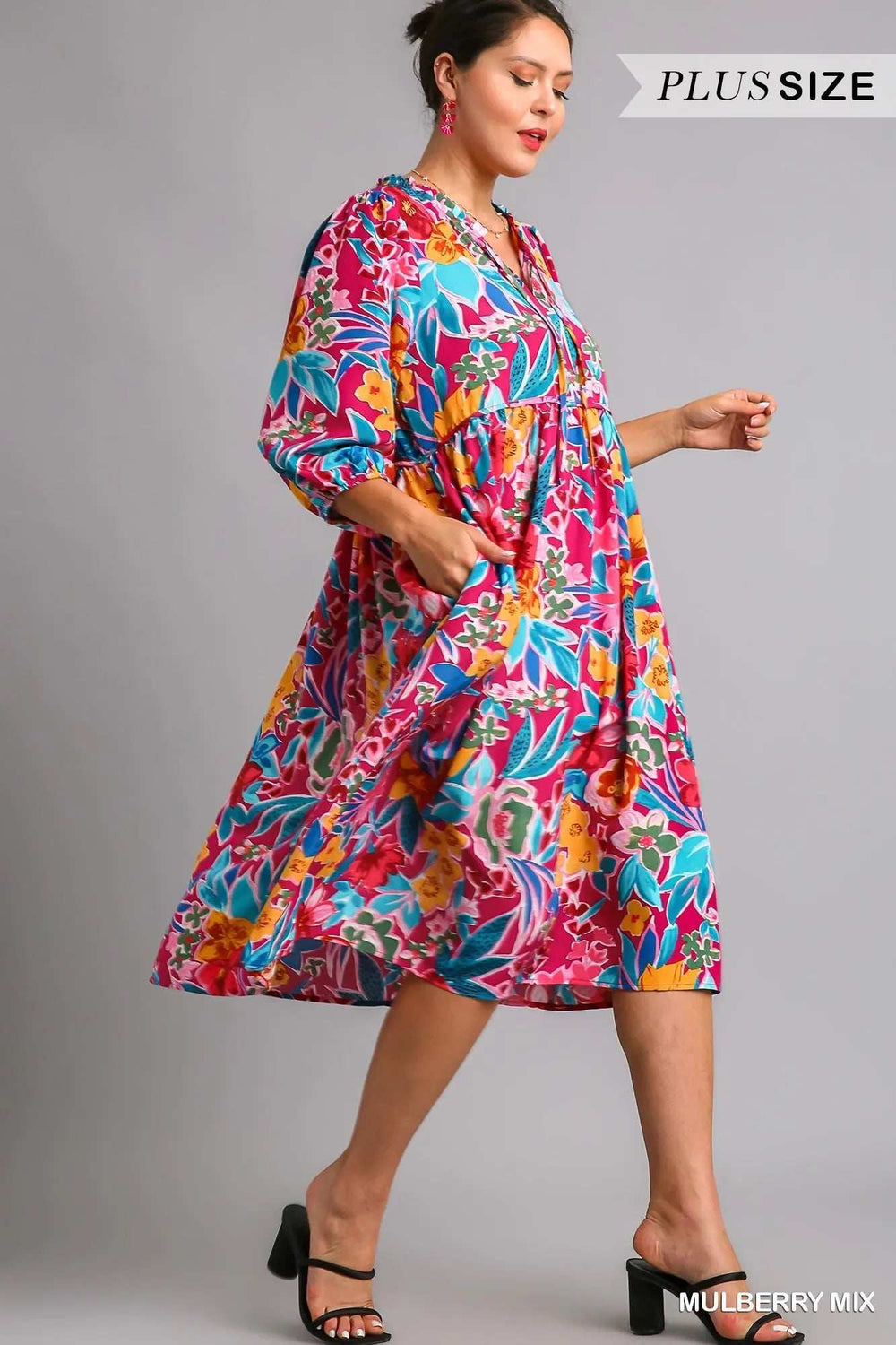 Umgee Full Size Floral Print Tie Neck Midi Dress with Pockets Plus Size - Trendsi - Flyclothing LLC