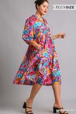 Umgee Full Size Floral Print Tie Neck Midi Dress with Pockets Plus Size - Trendsi - Flyclothing LLC