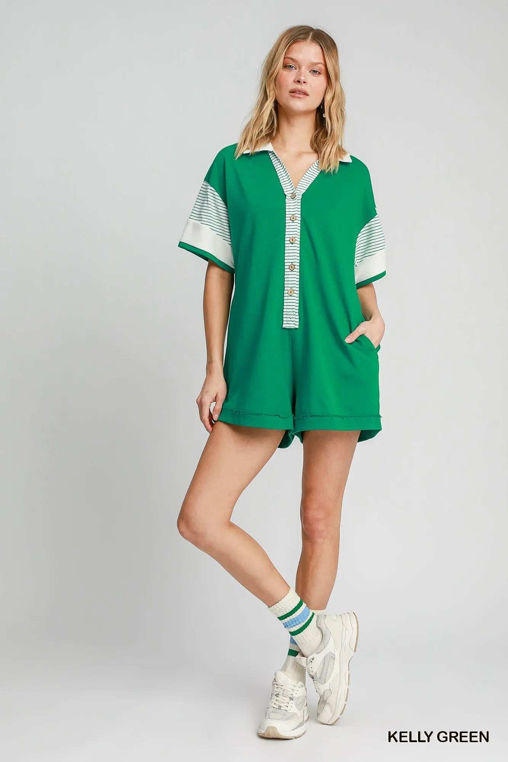 Umgee French Terry Collared Colorblock Romper - Trendsi - Flyclothing LLC