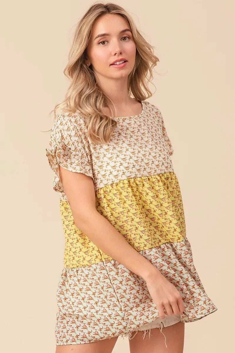 BiBi Flroal Printed Woven Color Block and Tiered Top - Trendsi - Flyclothing LLC