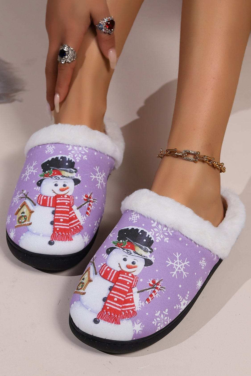 Snowman Round Toe Faux Fur Slippers - Trendsi - Flyclothing LLC