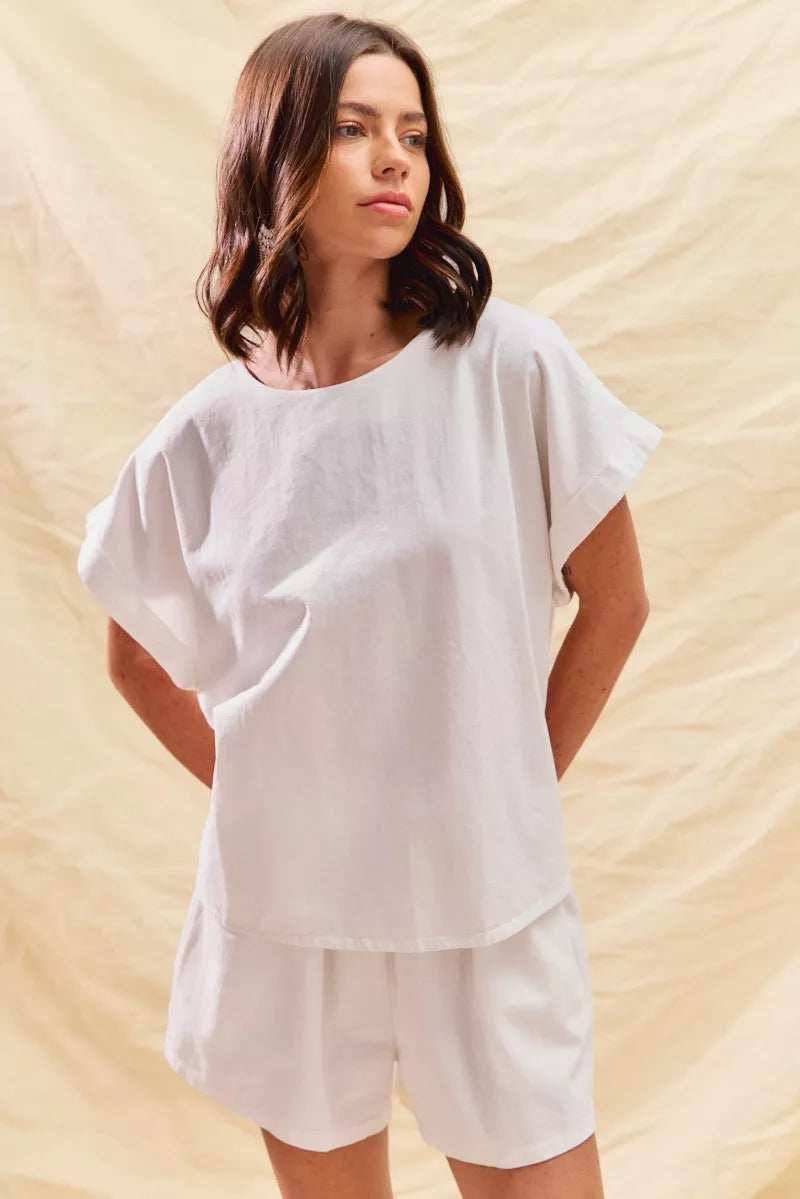 SO ME Round Neck Short Sleeve Top and Shorts Set - Trendsi - Flyclothing LLC