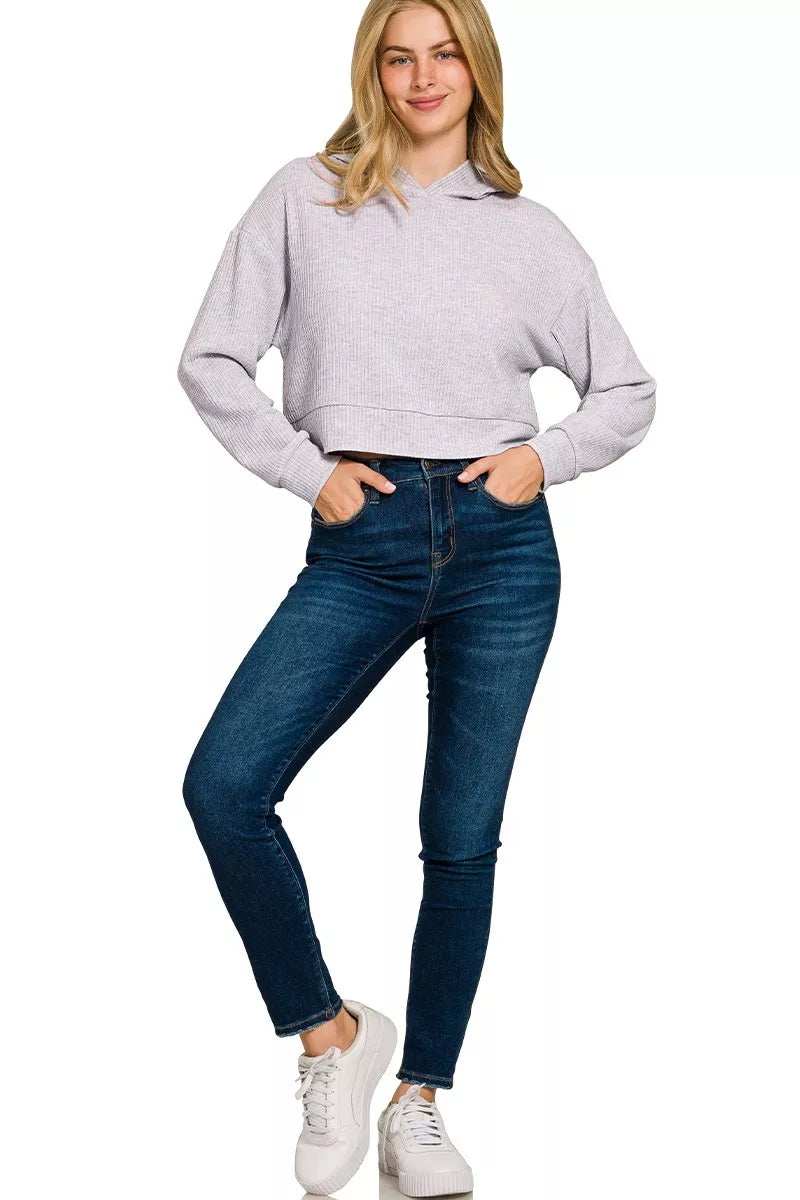 Zenana Drop Shoulder Ribbed Crop Hoodie - Trendsi - Flyclothing LLC