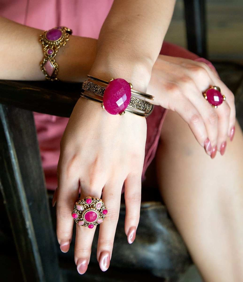 Embellished Pink Quartz Golden Cuff Bracelet - Barse Jewelry - Flyclothing LLC