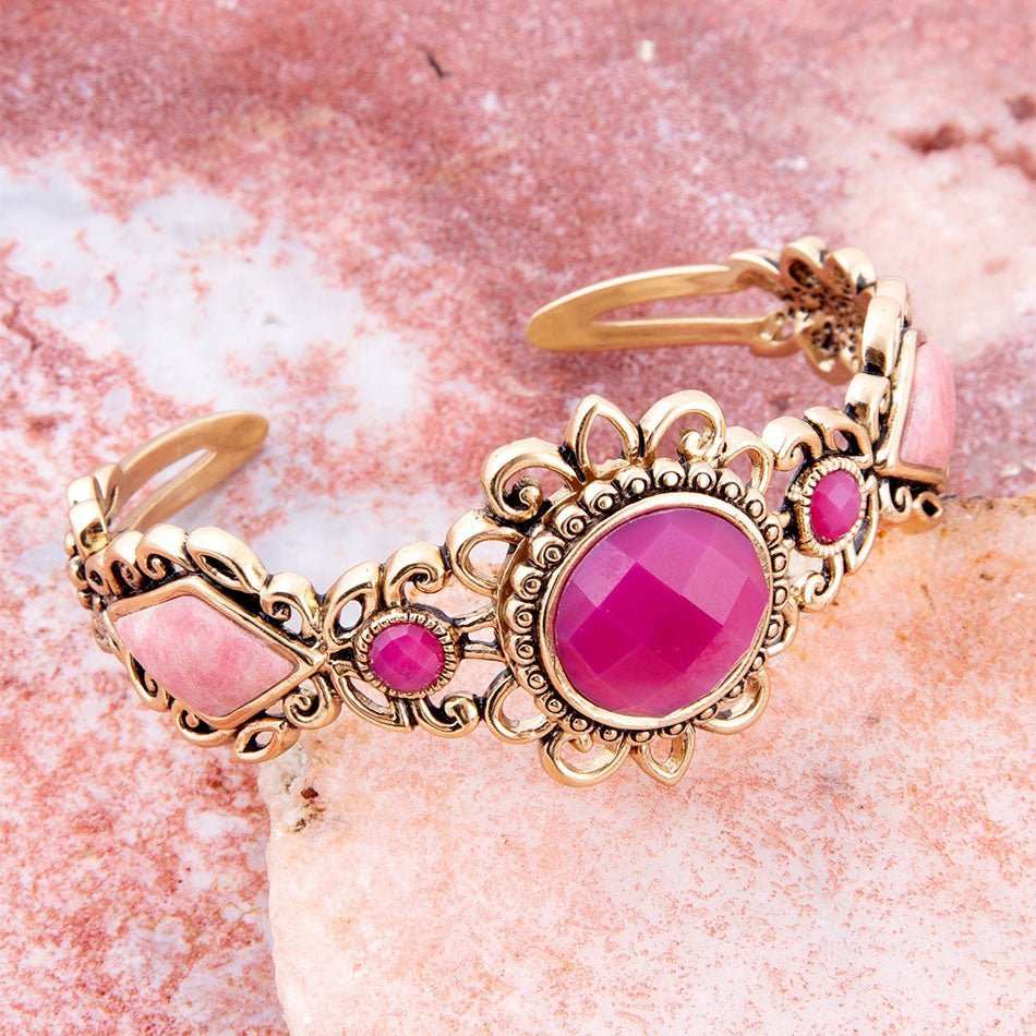 Embellished Pink Quartz Golden Cuff Bracelet - Barse Jewelry - Flyclothing LLC