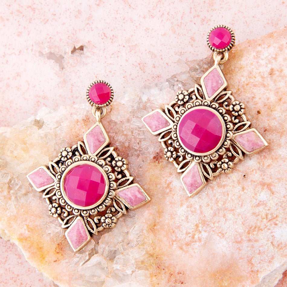 Embellished Pink Quartz Golden Post Drop Earrings - Barse Jewelry - Flyclothing LLC