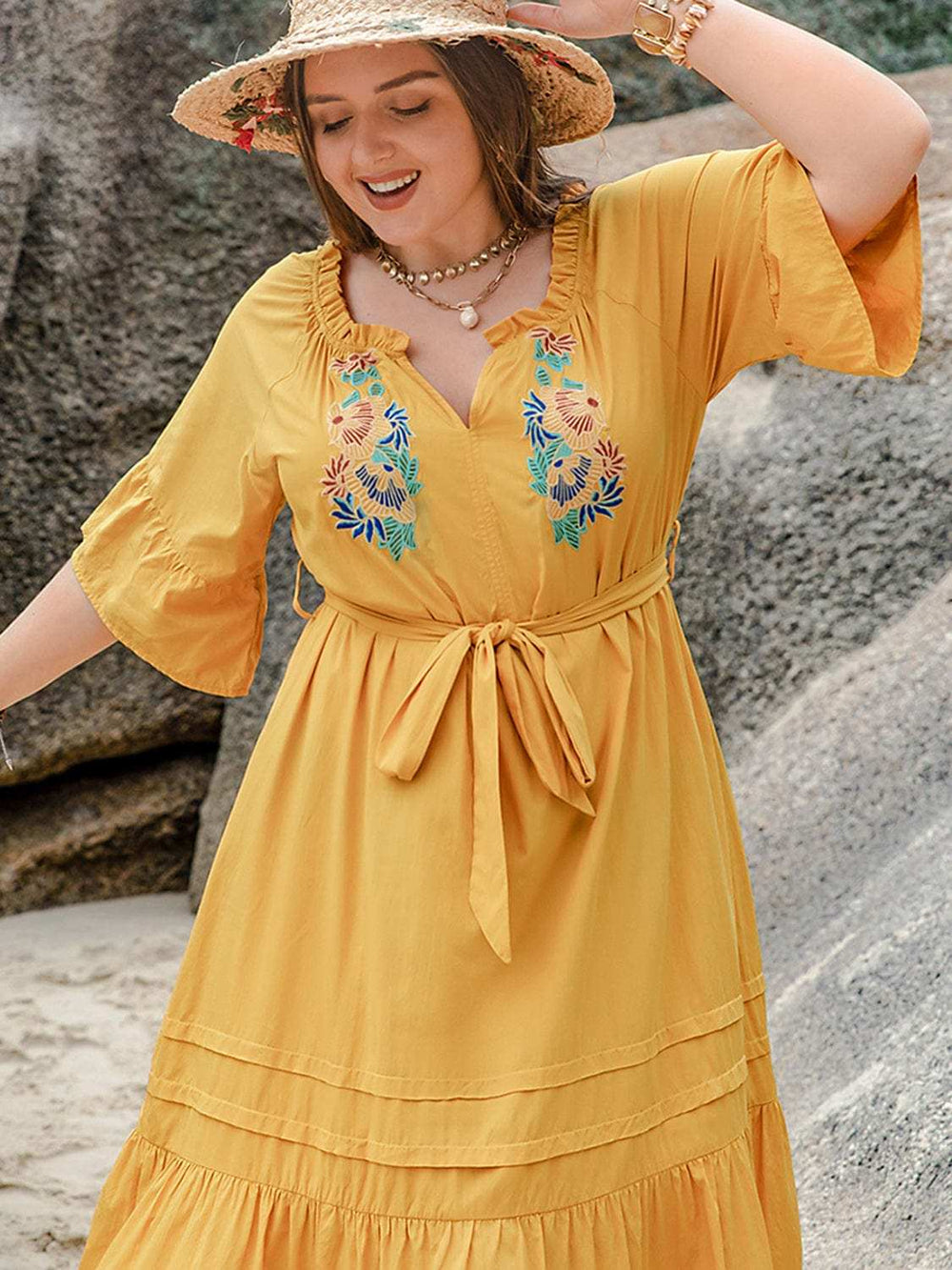 Plus Size Notched Tie Waist Half Sleeve Midi Dress - Trendsi - Flyclothing LLC