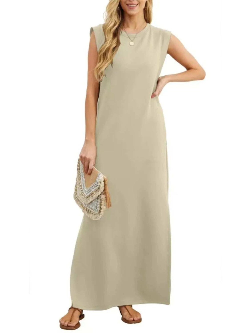 Full Size Slit Round Neck Sleeveless Maxi Tank Dress Plus Size - Trendsi - Flyclothing LLC