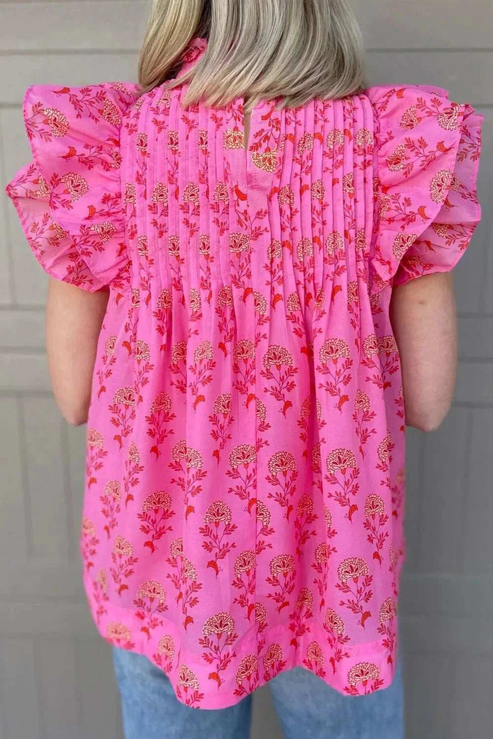 Ruffled Printed Mock Neck Cap Sleeve Blouse - Trendsi - Flyclothing LLC