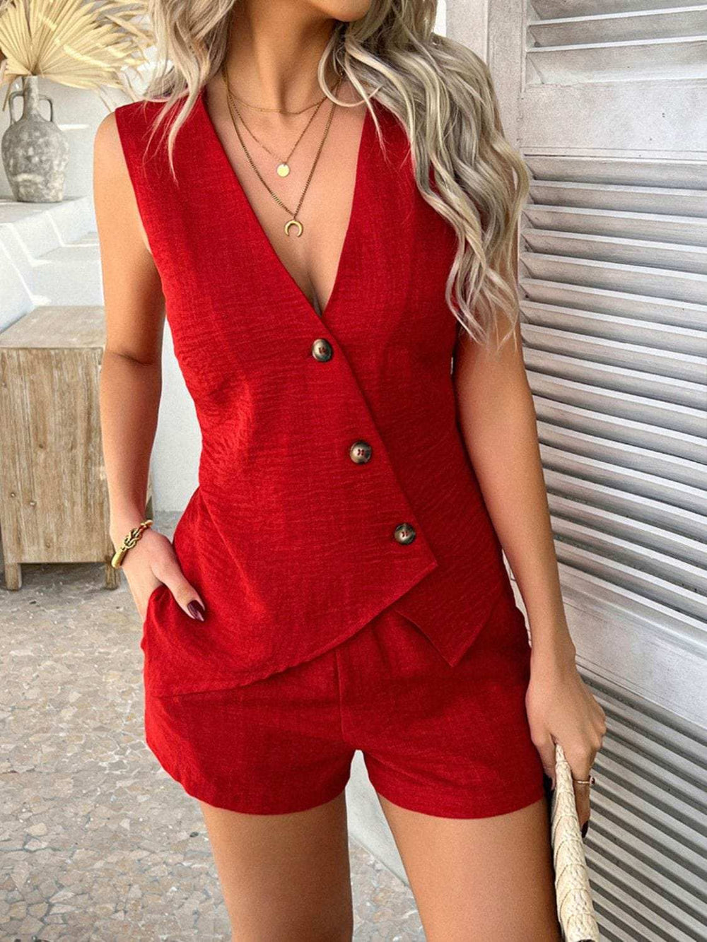 Devine Button Down Sleeveless Top and Shorts Set - Trendsi - Flyclothing LLC