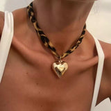 Leopard Print Choker with Golden Heart Pendant Necklace - Trendsi - Flyclothing LLC
