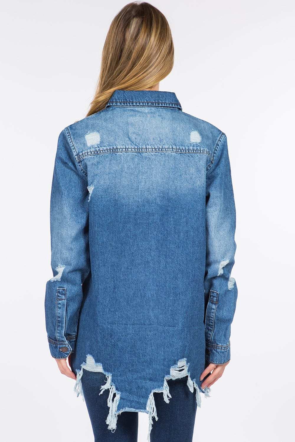 American Bazi Distressed Frayed Hem Denim Jacket - Trendsi - Flyclothing LLC