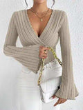 Ribbed Flare Sleeve Top - Trendsi - Flyclothing LLC