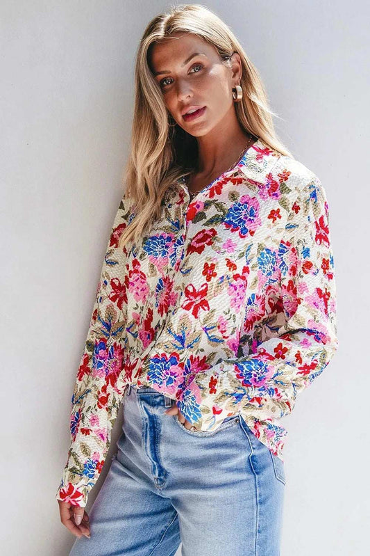 Floral Collared Neck Long Sleeve Shirt - Trendsi - Flyclothing LLC