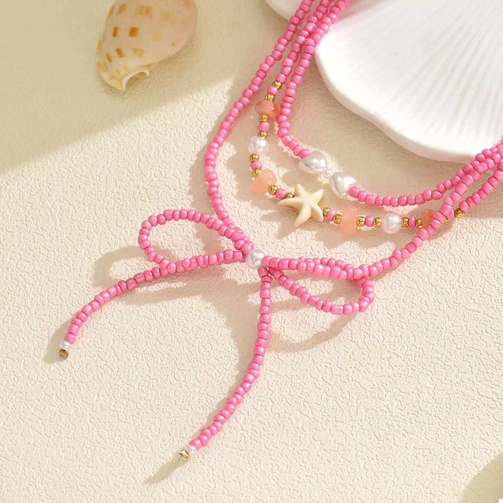 Beaded Three-Layered Necklace with Bow and Starfish Charms - Trendsi - Flyclothing LLC