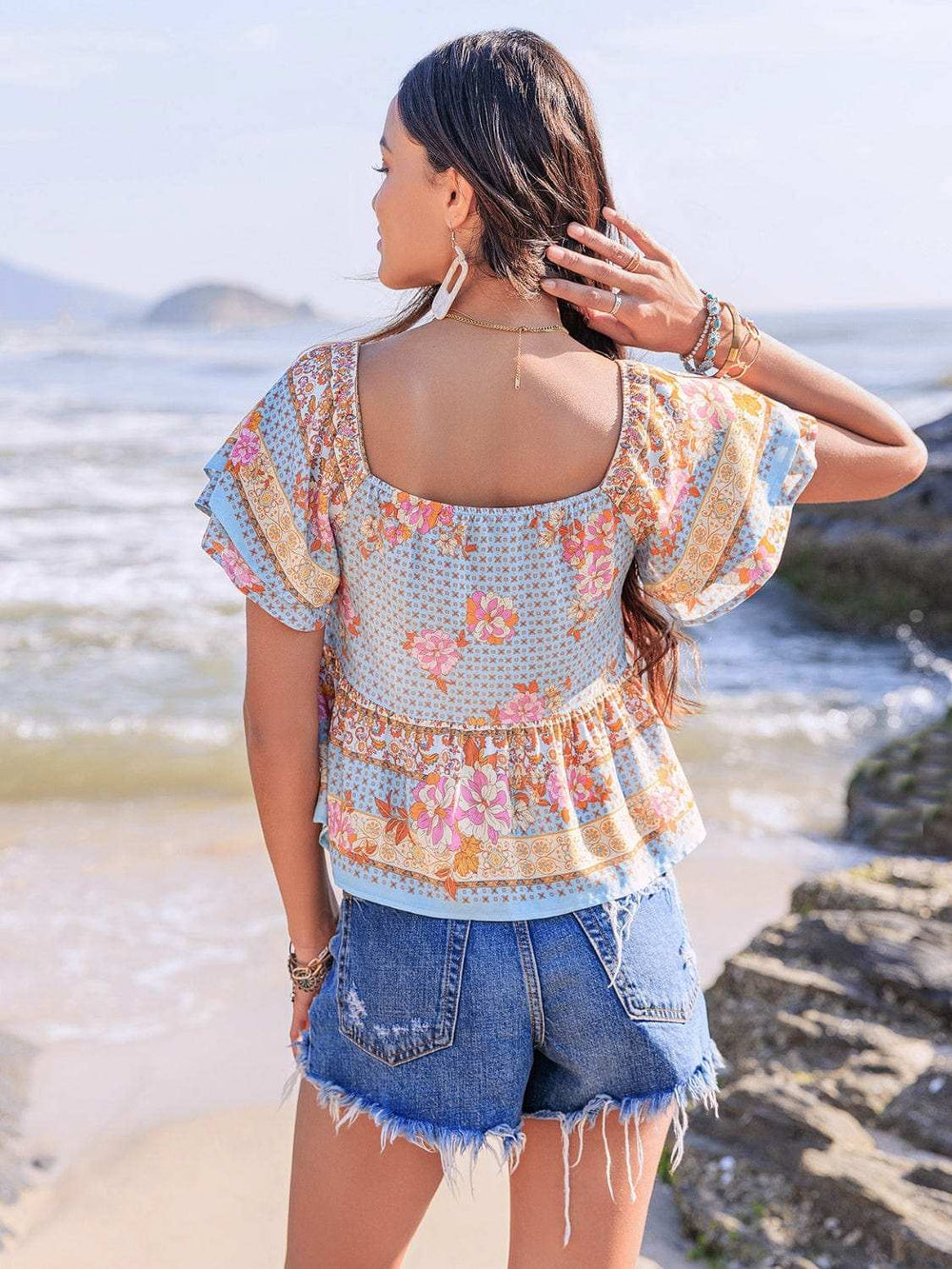 Printed Sweetheart Neck Layered Short Sleeve Blouse - Trendsi - Flyclothing LLC